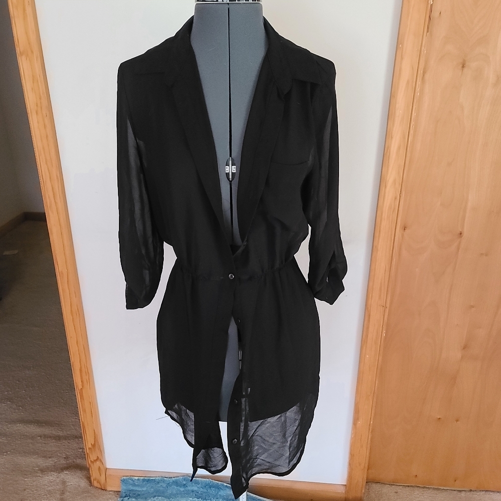 Sheer Black Tunic Style Button Down Blouse Coverup
